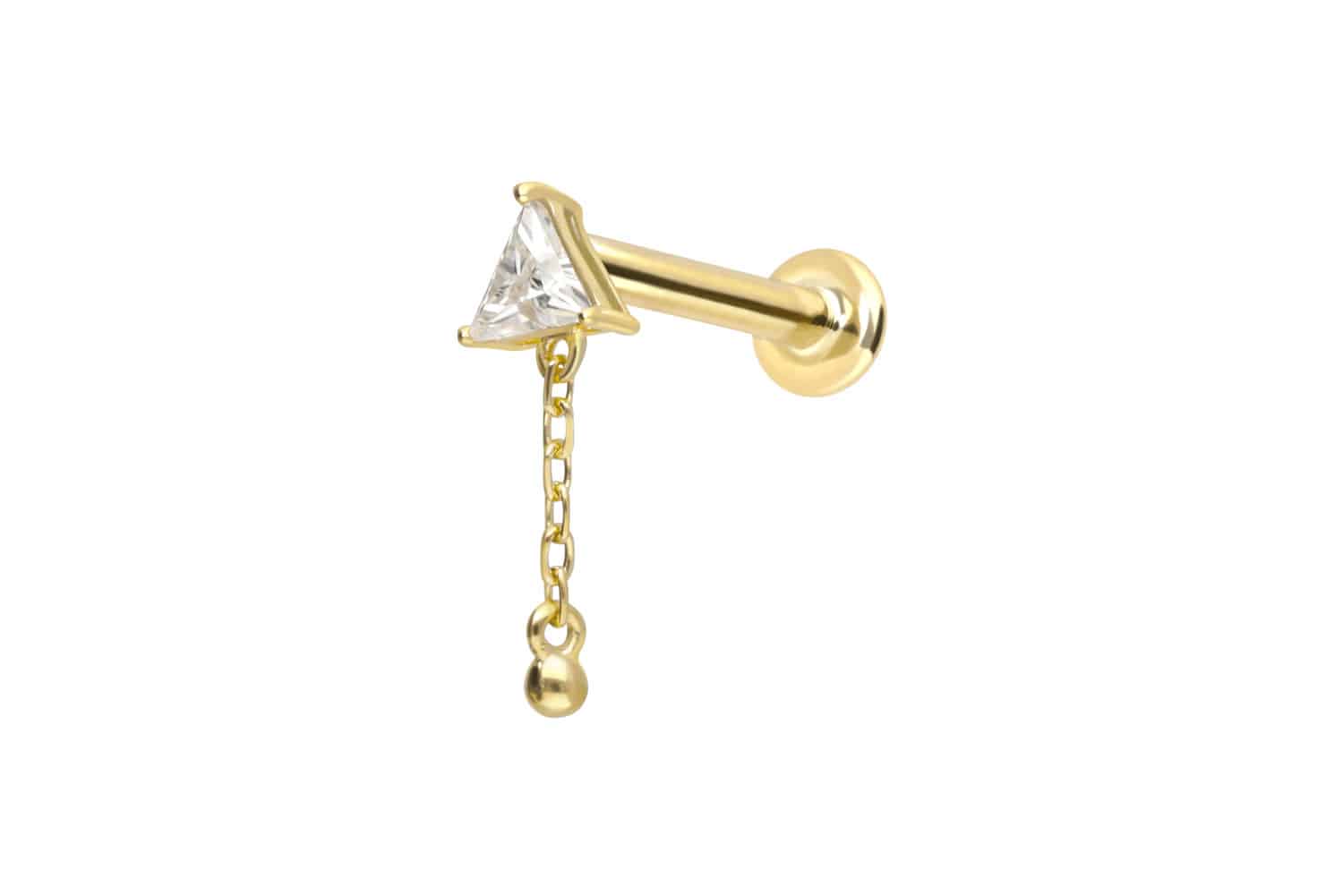 14 Karat Gold Labret Piercing mit Innengewinde MOISSANIT-DREIECK + KETTE